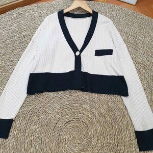 Black White Color Block Ribbed Knit Crop Cardigan Chanel Style Pocket Top